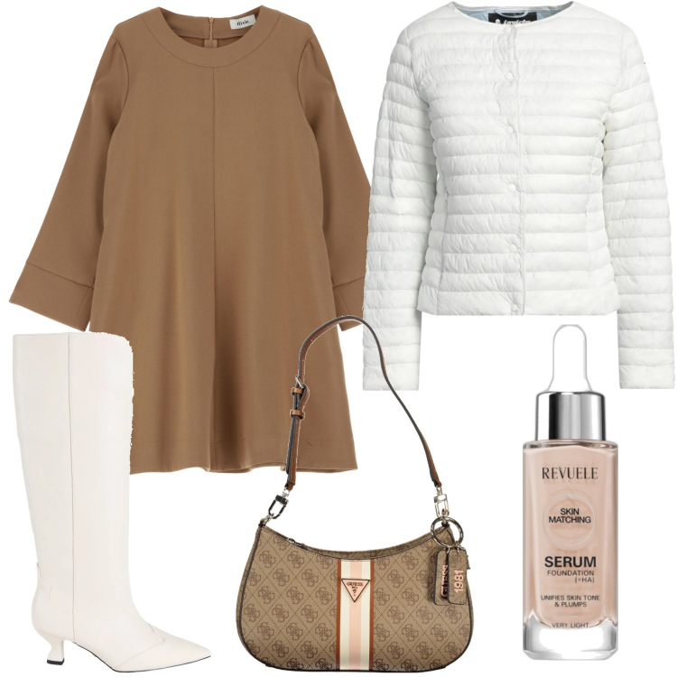 Outfit donna - Eleganza casual. Stile Chic per Serata fuori. Abbinamento con piumini, stivali, fondotinta, vestiti, borse a spalla.