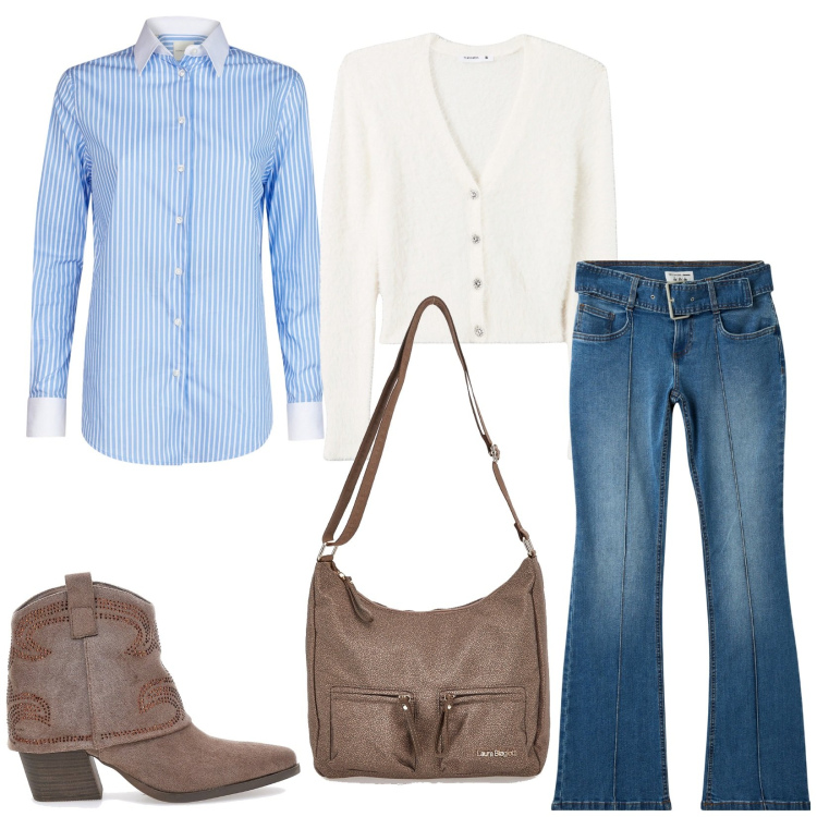 Outfit donna - Bantoa black month. Stile Trendy per Tutti i giorni. Abbinamento con jeans a zampa, cardigans, stivaletti texani, camicie, borse a tracolla.
