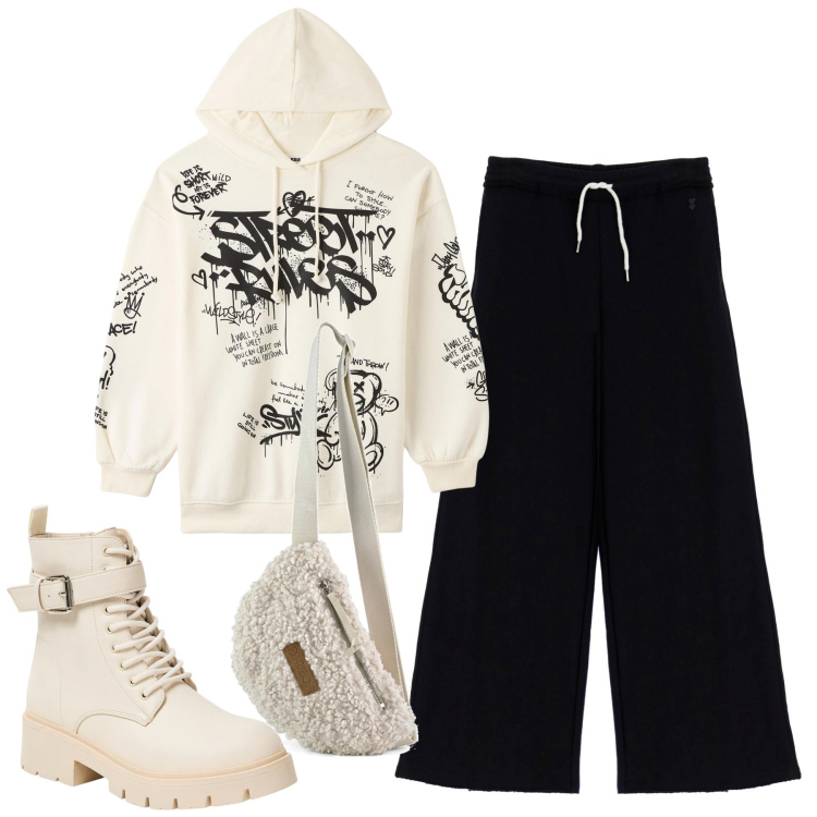 Outfit donna - Total look #2003944. Stile Urban per Tutti i giorni. Abbinamento con felpe con cappuccio, anfibi, pantaloni a palazzo, marsupi.