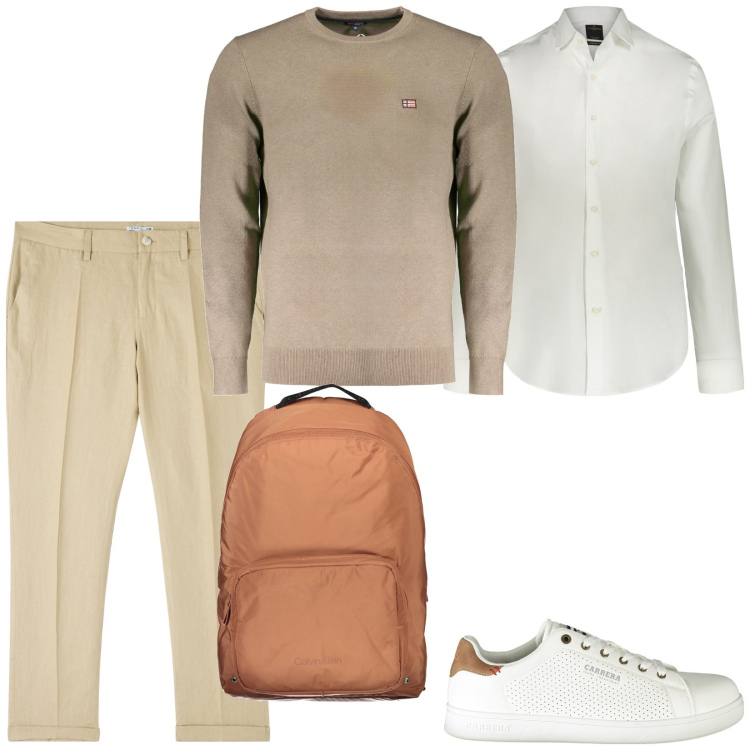 Outfit uomo - Total look #2003946. Stile Casual per Ufficio. Abbinamento con pantaloni chino, camicie, sneakers, borse sportive, maglieria.