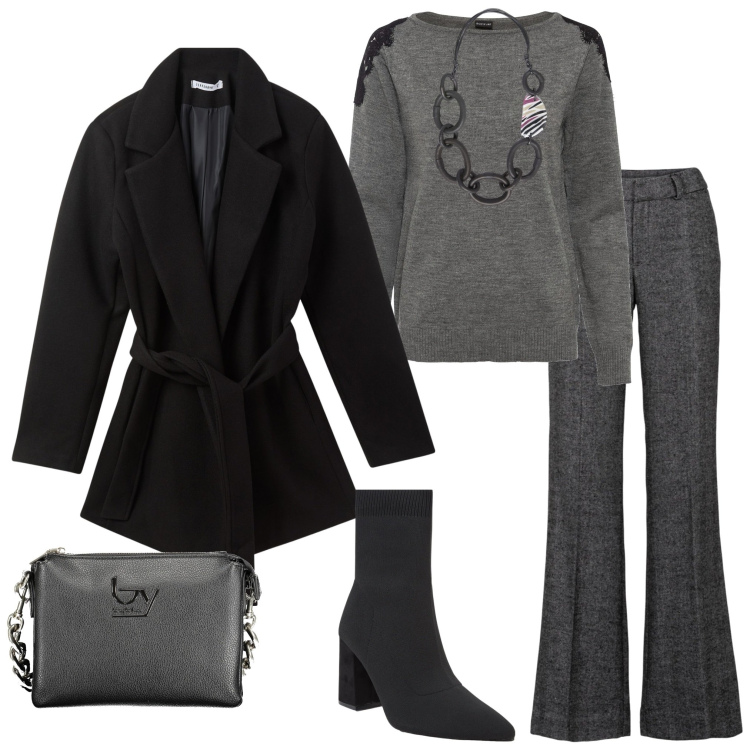 Outfit donna - In città. Stile Casual chic per Tutti i giorni. Abbinamento con pantaloni a palazzo, maglieria, stivaletti, cappotti, collane, borse a spalla.