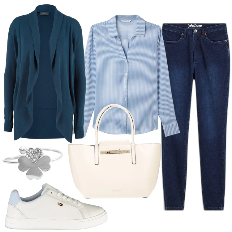 Outfit donna - In città. Stile Casual per Tutti i giorni. Abbinamento con cardigans, jeans skinny, borse a mano, camicie, anelli, sneakers.