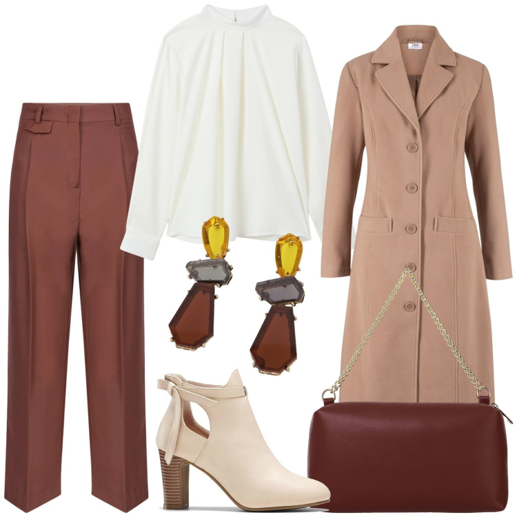 Outfit donna - Total look #2003972. Stile Minimal per Ufficio. Abbinamento con stivaletti, cappotti, bluse, borse a tracolla, orecchini, pantaloni.