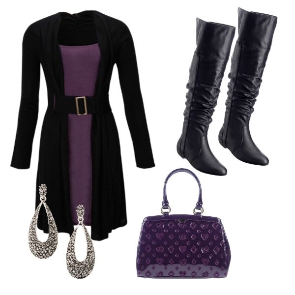 Outfit donna - Deep purple. Stile Basic per Tutti i giorni. Abbinamento con stivali sopra il ginocchio, vestiti midi/longuette, orecchini argento, borsa a mano effetto vernice taglia media con zip interno foderato in pelle sintetica tinta unita blu.