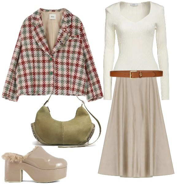 Outfit donna - In citta\'. Stile Basic per Tutti i giorni. Abbinamento con pullovers, gonne, blazer, cinture, sabot, borse a spalla.