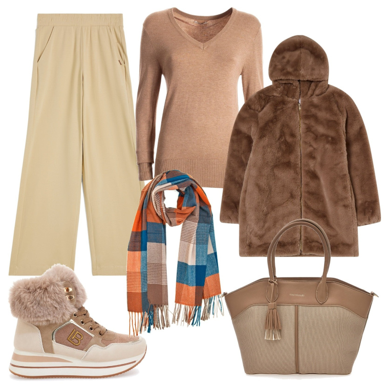 Outfit donna - Pantaloni a palazzo. Stile Sporty chic per Tutti i giorni. Abbinamento con ecopellicce, maglieria, pantaloni a palazzo, sciarpe, stivaletti, borse tote.