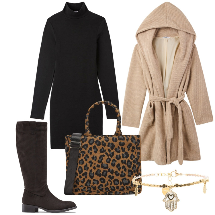 Outfit donna - Borsa leopardata per il giorno. Stile Trendy per Tutti i giorni. Abbinamento con stivali, vestiti midi/longuette, shopping bag, cappotti, braccialetti.
