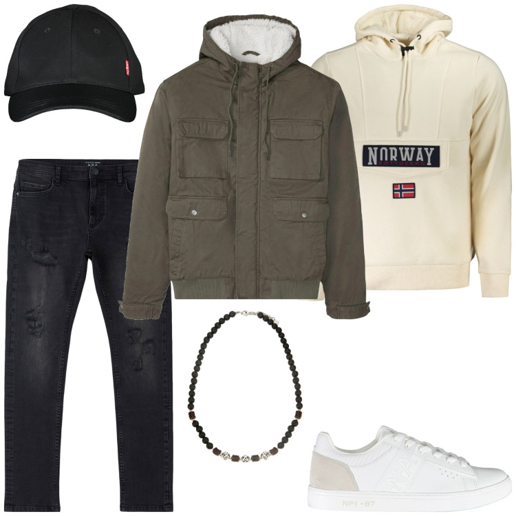 Outfit uomo - In jeans felpa e giacca militare. Stile Casual per Tutti i giorni. Abbinamento con piumini, jeans strappati, collane, felpe con cappuccio, cappelli con visiera, sneakers.