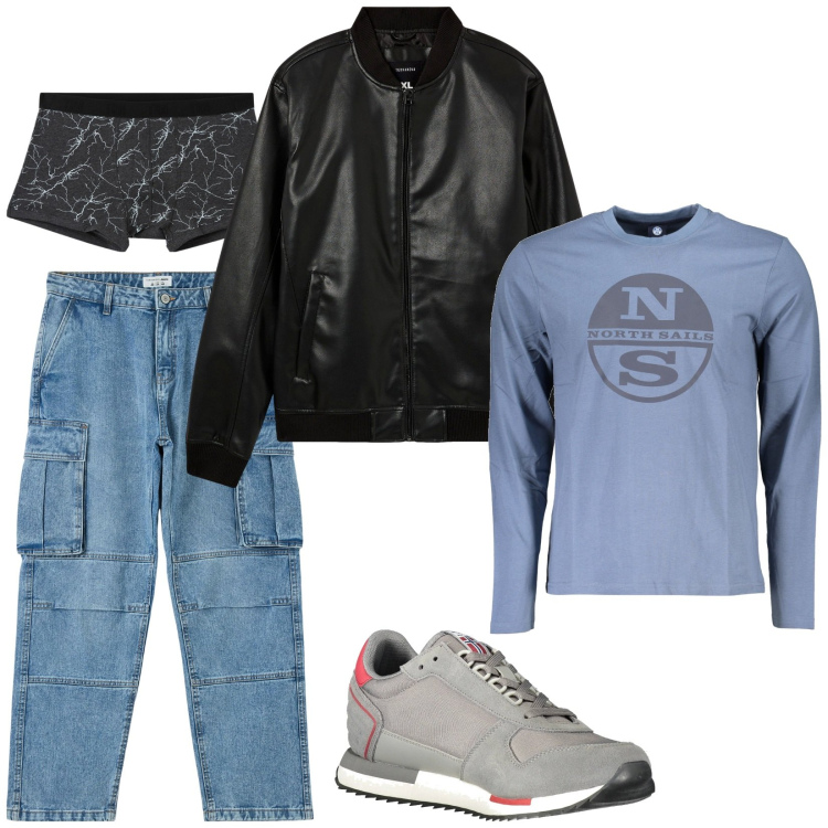 Outfit uomo - Total look #2004021. Stile Casual per Tutti i giorni. Abbinamento con bomber, boxer, jeans, t-shirt, sneakers.