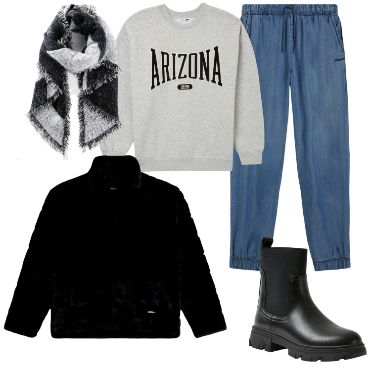 Outfit donna - Tutti i giorni. Stile Casual per Scuola/Università. Abbinamento con sciarpe, felpe, stivaletti chelsea, blazer, jeans.
