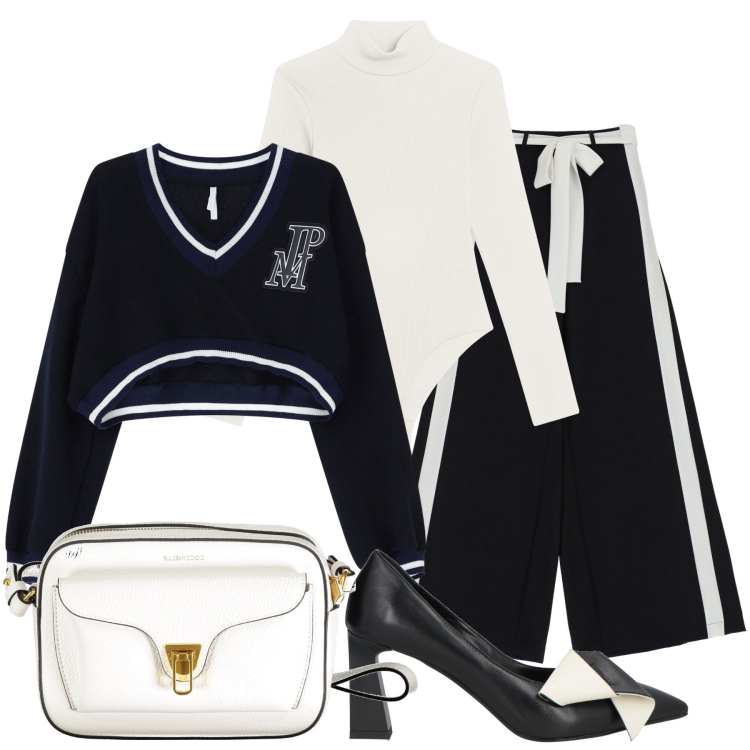 Outfit donna - Bianco e nero. Stile Chic per Serata fuori. Abbinamento con décolleté, pantaloni a palazzo, pullovers, body, borse a tracolla.