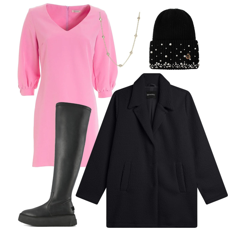 Outfit donna - Vestito rosa. Stile Casual per Tutti i giorni. Abbinamento con collane, berretti, vestiti, cappotti, stivali sopra il ginocchio.