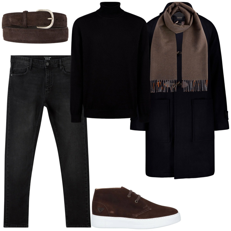 Outfit uomo - Total look #2004045. Stile Casual per Serata speciale. Abbinamento con stivali e stivaletti, jeans skinny, montgomery, cinture, sciarpe, maglieria.