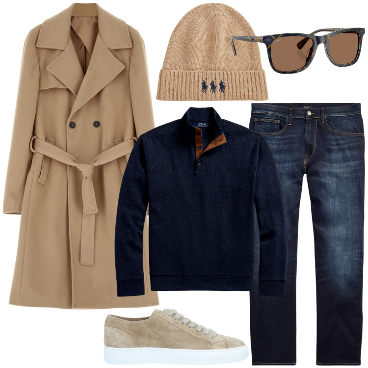 Outfit uomo - Marrone e blu. Stile Casual per Tutti i giorni. Abbinamento con sneakers, cappotti, jeans dritti, pullovers, occhiali da sole, berretti.
