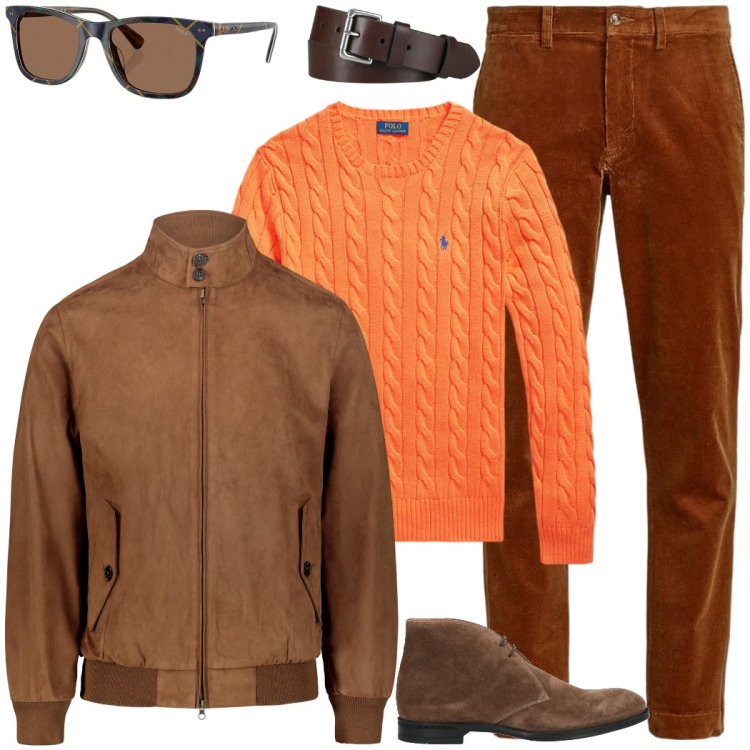 Outfit uomo - Arancio e marron. Stile Trendy per Tutti i giorni. Abbinamento con stivali e stivaletti, pantaloni, cinture, occhiali da sole, maglieria, giacche.