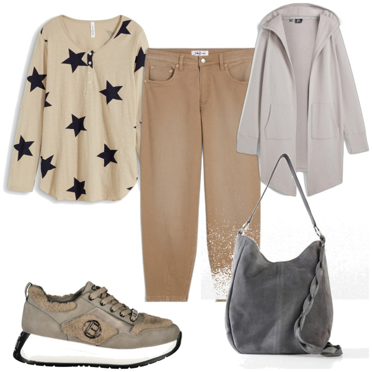 Outfit donna - Total look #2004065. Stile Trendy per Tutti i giorni. Abbinamento con blazer, borse a mano, jeans, maglieria, sneakers.