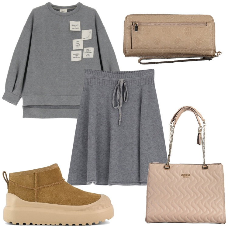 Outfit donna - Total look #2004071. Stile Trendy per Tutti i giorni. Abbinamento con minigonne, felpe, stivali, borse a spalla, portafogli.