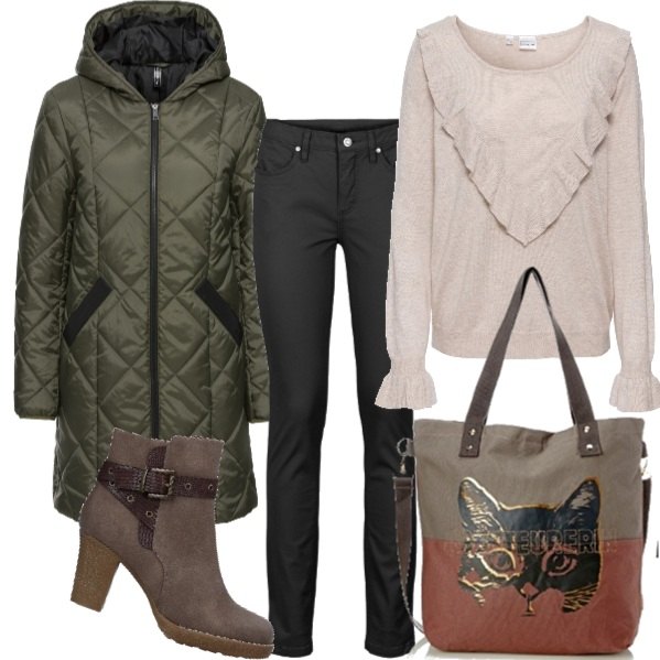 Outfit donna - Miao!. Stile Basic per Tutti i giorni. Abbinamento con jeans, cappotti, pullover con volant beige e corda, stivaletti con tacco squadrato e fibbia interno foderato con punta tonda in pelle sintetica tinta unita, borsa a mano grigio.