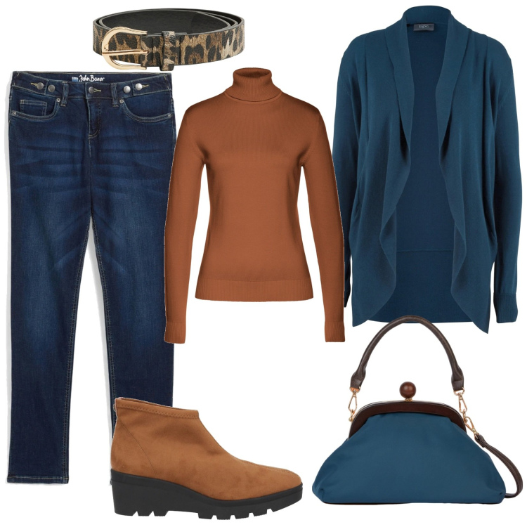 Outfit donna - Total look #2004081. Stile Casual per Tutti i giorni. Abbinamento con jeans boyfriend, cardigans, maglieria, stivaletti, cinture, clutch.