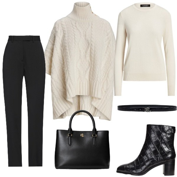 Outfit donna - Panna e nero. Stile Casual per Ufficio. Abbinamento con pantaloni, maglieria, cappotti, borse a mano, cinture, stivaletti.