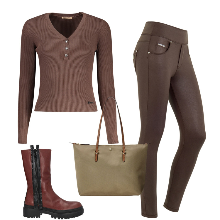 Outfit donna - City. Stile Minimal per Tutti i giorni. Abbinamento con stivaletti, jeans skinny, borse tote, maglieria.