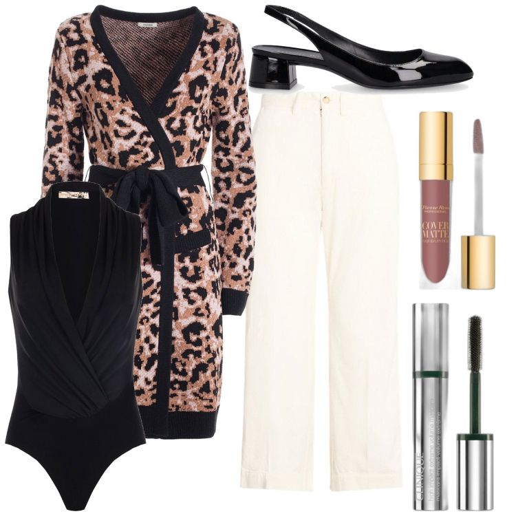 Outfit donna - Animalier ma non troppo. Stile Chic per Tutti i giorni. Abbinamento con mascara, rossetti, body, cardigans, pantaloni, décolleté.