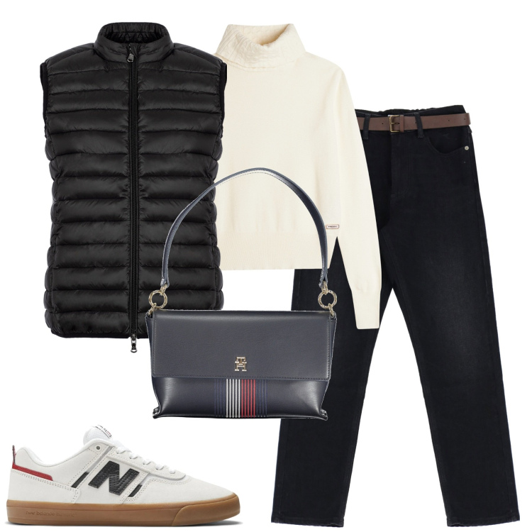 Outfit donna - City. Stile Casual per Tutti i giorni. Abbinamento con sneakers, jeans dritti, maglieria, piumini, borse a spalla.