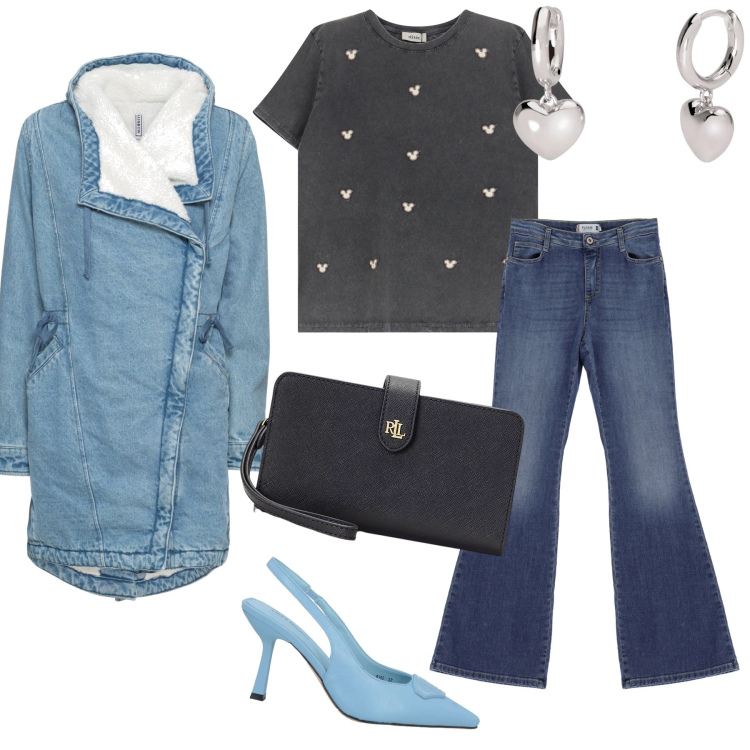 Outfit donna - Pronta per l happy hour. Stile Glamour per Serata fuori. Abbinamento con décolleté, cappotti, t-shirt, orecchini, jeans, pochette.