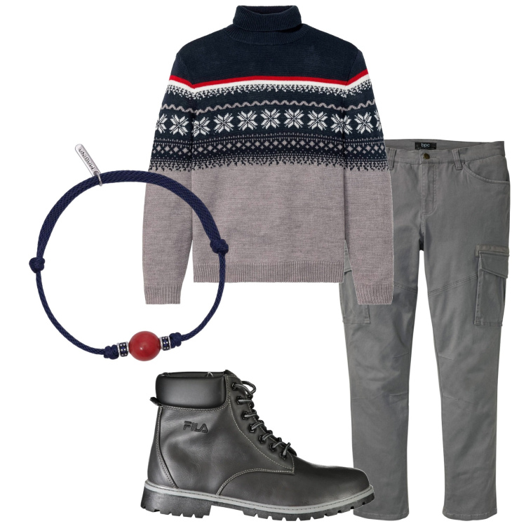 Outfit uomo - Total look #2004124. Stile Urban per Tutti i giorni. Abbinamento con maglieria, pantaloni cargo, braccialetti, stivali.