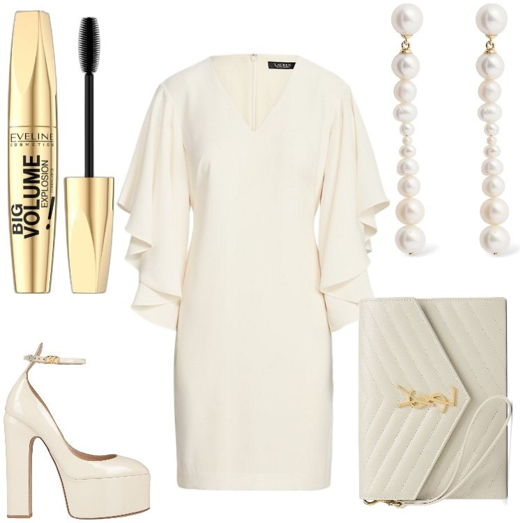 Outfit donna - Bella in bianco. Stile Chic per Serata fuori. Abbinamento con décolleté, mascara, vestiti, pochette, orecchini.