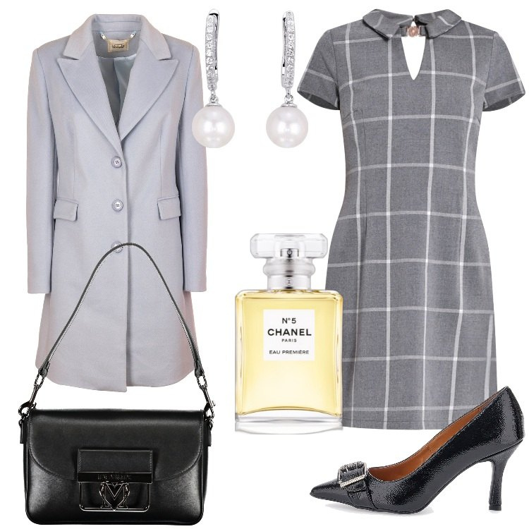 Outfit donna - Toni neutri - Focus Donna Curvy Italy. Stile Bon Ton per Cerimonia. Abbinamento con profumi, orecchini, vestiti a tubino, cappotti, décolleté, borse a tracolla.