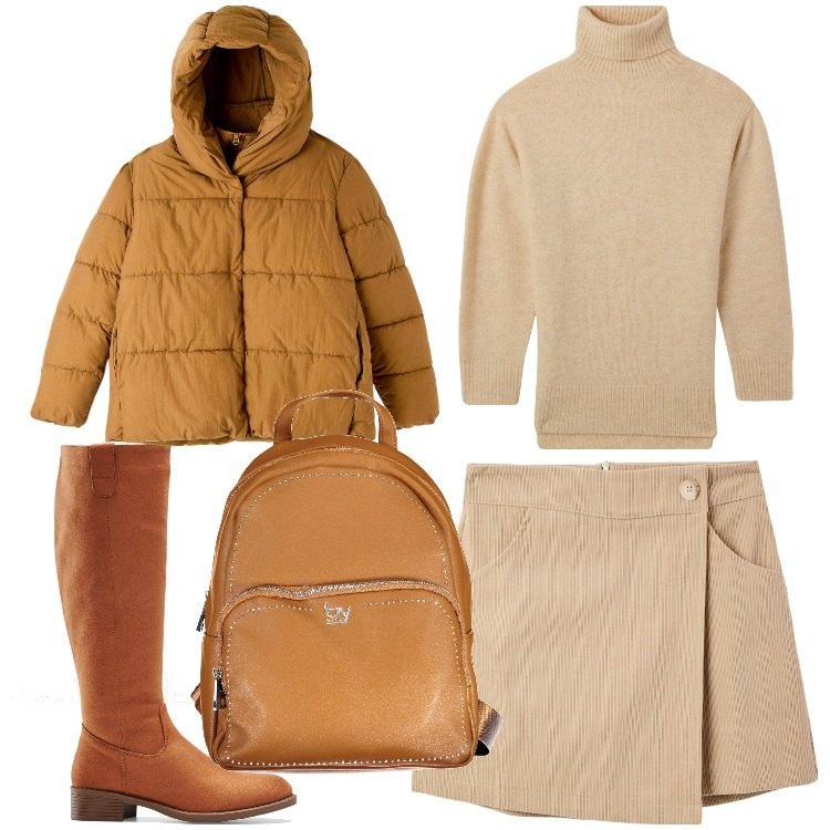 Outfit donna - Gonna mini e stivali. Stile Casual chic per Serata fuori. Abbinamento con stivali, piumini, minigonne, maglieria, zaini.