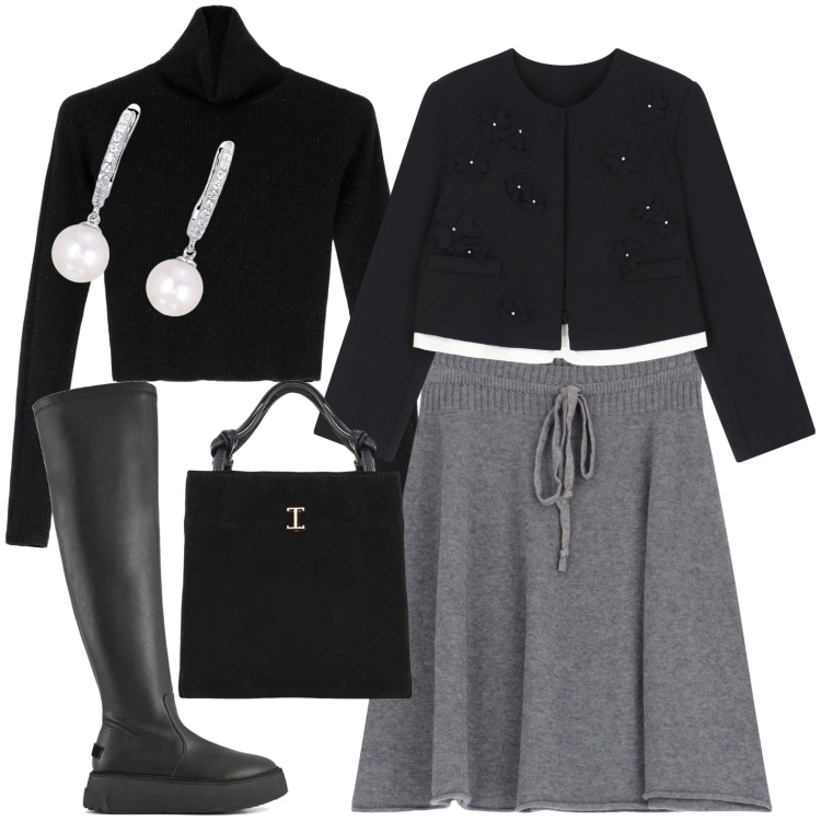 Outfit donna - Total look #2004143. Stile Casual chic per Tutti i giorni. Abbinamento con orecchini, maglieria, minigonne, shopping bag, blazer, stivali sopra il ginocchio.