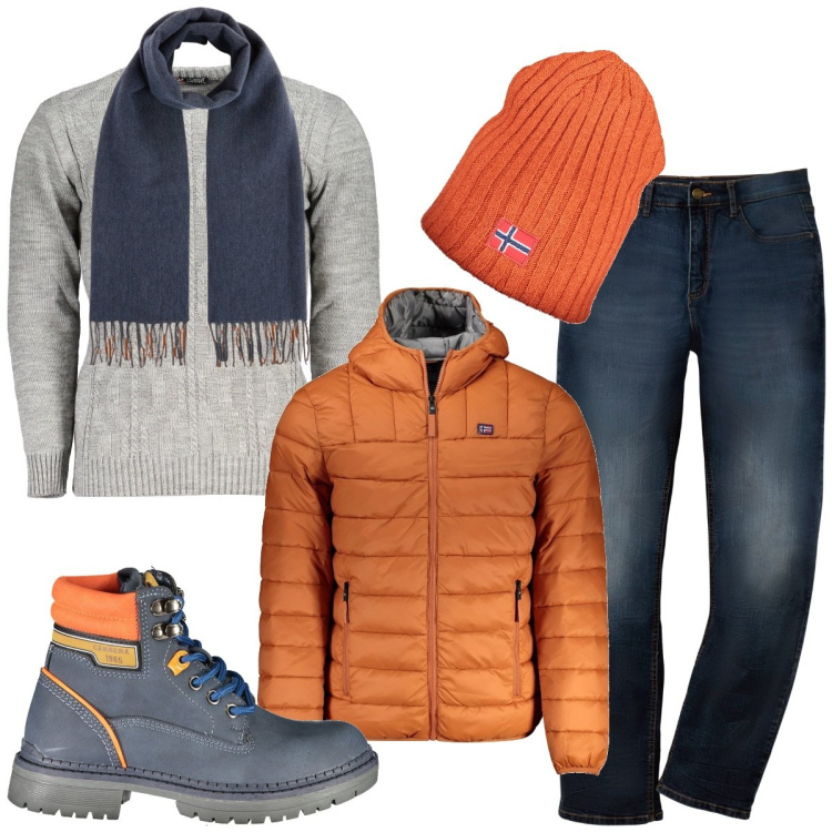Outfit uomo - Piumino e berretto invernali trendy. Stile Trendy per Tutti i giorni. Abbinamento con jeans dritti, giacche, stivali, maglieria, berretti, sciarpe.