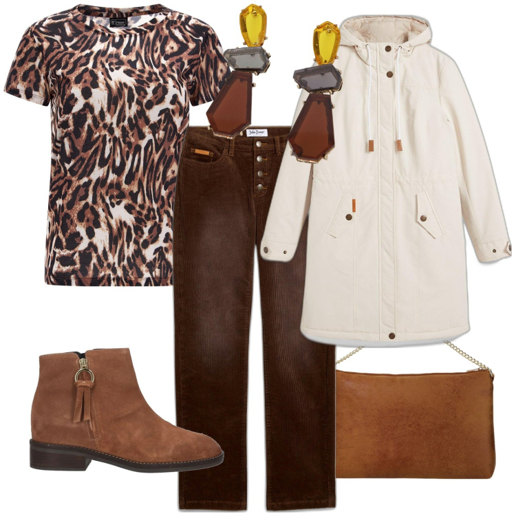 Outfit donna - Total look #2004146. Stile Casual per Tutti i giorni. Abbinamento con blazer, pantaloni, stivaletti, t-shirt, pochette, orecchini.