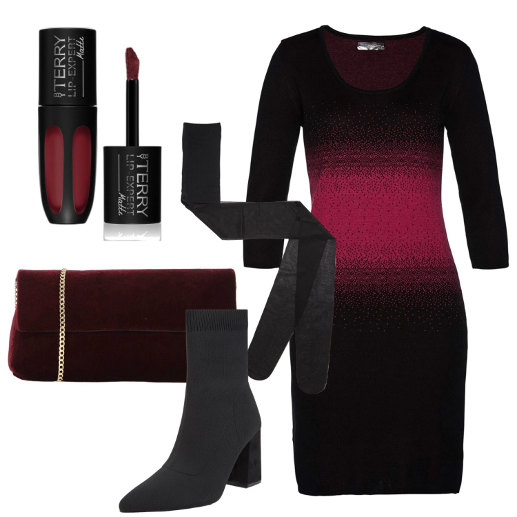 Outfit donna - Serata al cinema. Stile Casual chic per Serata fuori. Abbinamento con vestiti, rossetti, stivaletti, collant, pochette.