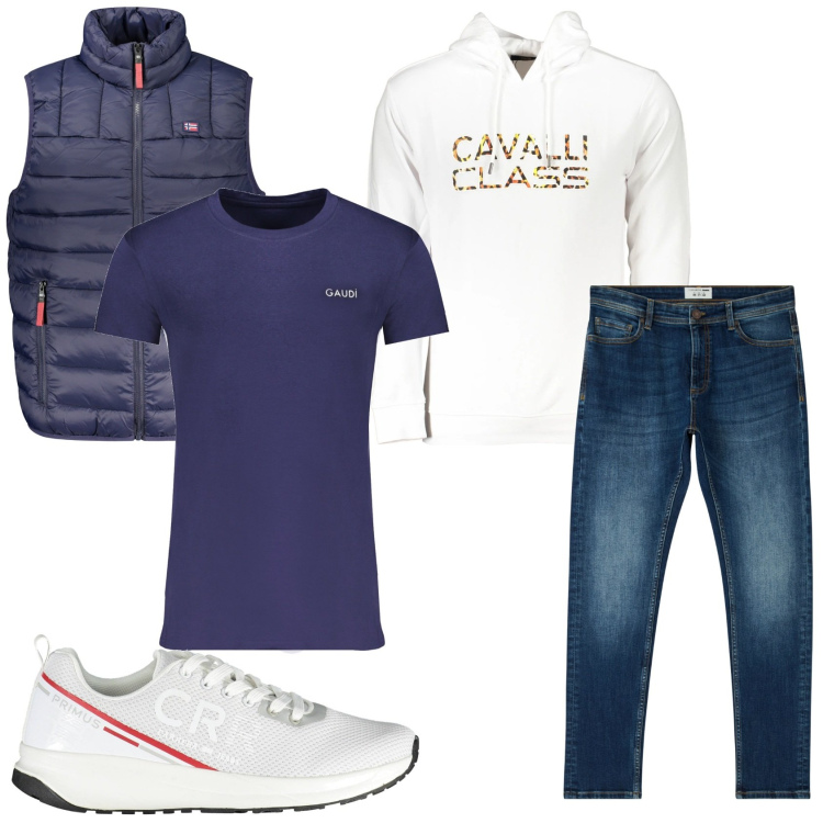Outfit uomo - Giorno di relax. Stile Casual per Tutti i giorni. Abbinamento con jeans skinny, felpe con cappuccio, sneakers, t-shirt, giacche.