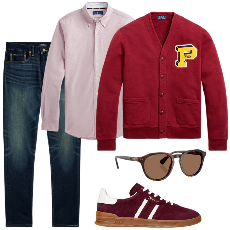Outfit uomo - Studente universitario. Stile Casual per Ufficio. Abbinamento con camicie, jeans, occhiali da sole, cardigans, sneakers.