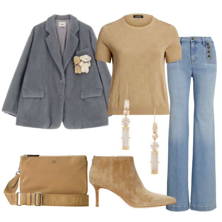 Outfit donna - Tenerezza. Stile Trendy per Tutti i giorni. Abbinamento con blazer, borse a tracolla, jeans, maglieria, orecchini, stivaletti.