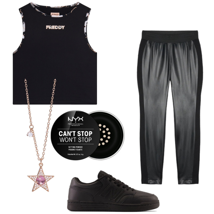 Outfit donna - Anni 90. Stile Sporty chic per Tutti i giorni. Abbinamento con ciprie, collane, sneakers, top sportivi, pantaloni skinny.