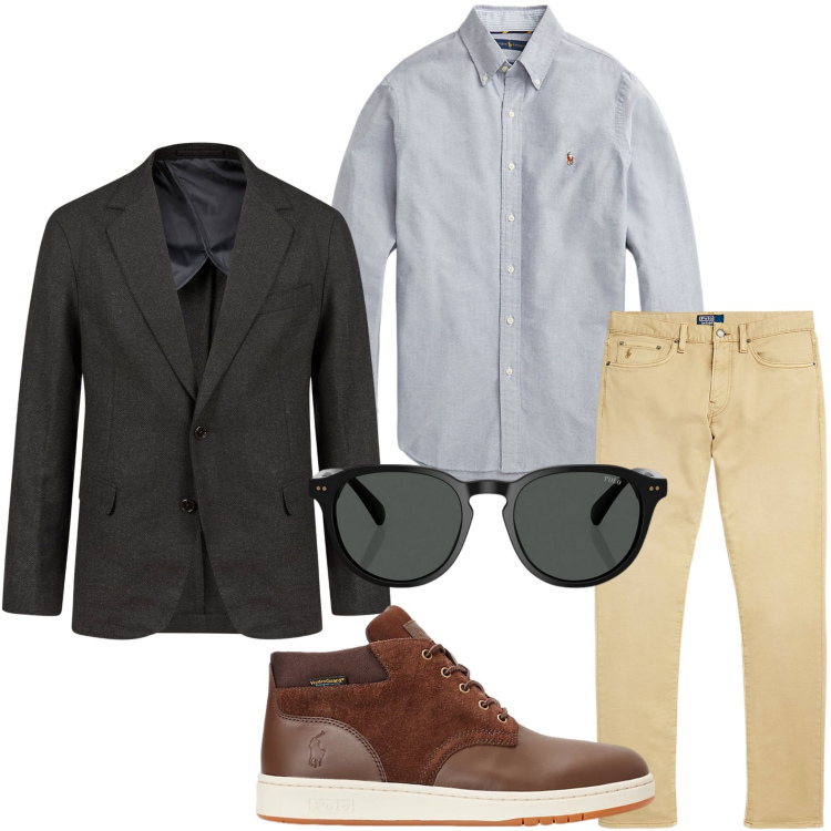 Outfit uomo - Occasione lavorativa. Stile Trendy per Ufficio. Abbinamento con camicie, pantaloni chino, stivali, occhiali da sole, giacche.