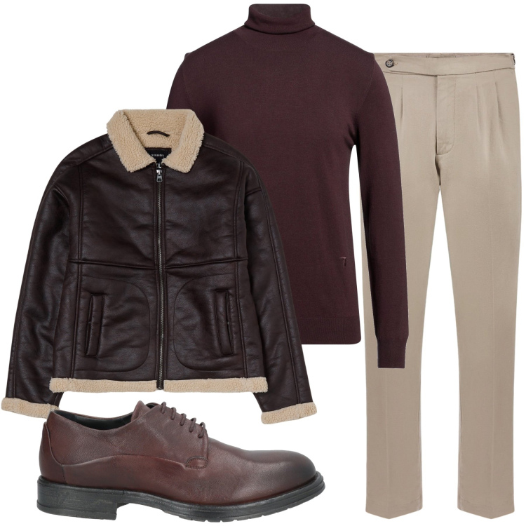 Outfit uomo - Tonalita’ di marrone. Stile Casual per Tutti i giorni. Abbinamento con scarpe stringate, maglieria, pantaloni, giacche.
