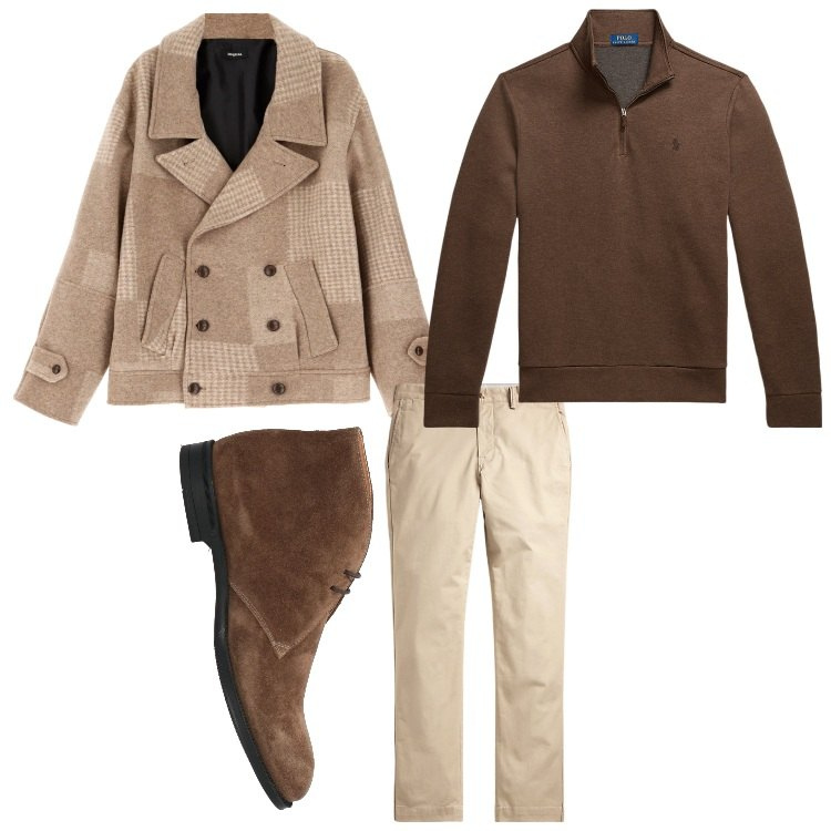 Outfit uomo - Giacca e polo. Stile Casual per Tutti i giorni. Abbinamento con stivali e stivaletti, cappotti, pantaloni, pullovers.
