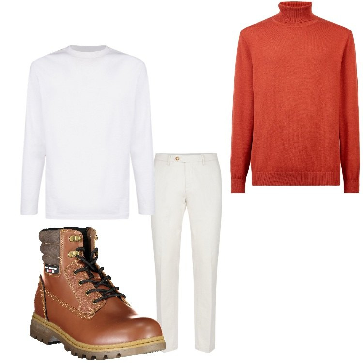 Outfit uomo - Bianco e rosso. Stile Casual per Tutti i giorni. Abbinamento con pantaloni chino, t-shirt, maglieria, stivali.