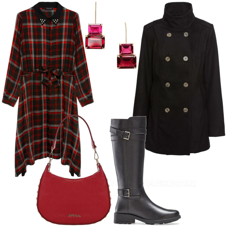 Outfit donna - Stile inglese. Stile Military per Tutti i giorni. Abbinamento con stivali, caban, borse a spalla, orecchini, vestiti asimmetrici.