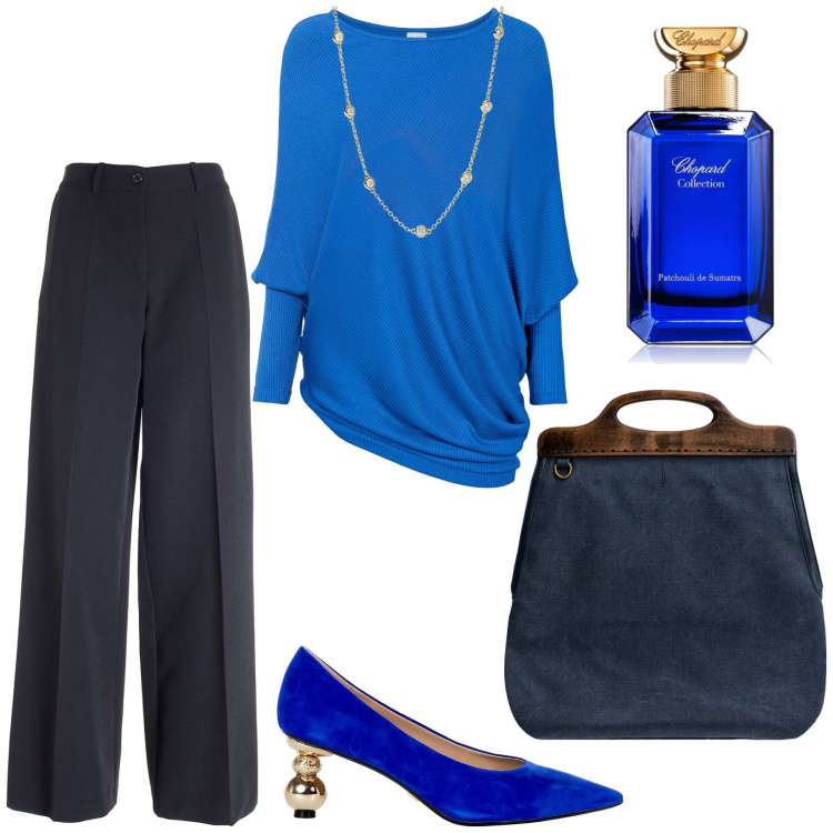Outfit donna - Total look #2004240. Stile Chic per Ufficio. Abbinamento con maglieria, profumi, collane, décolleté, pantaloni a palazzo, borse a tracolla.