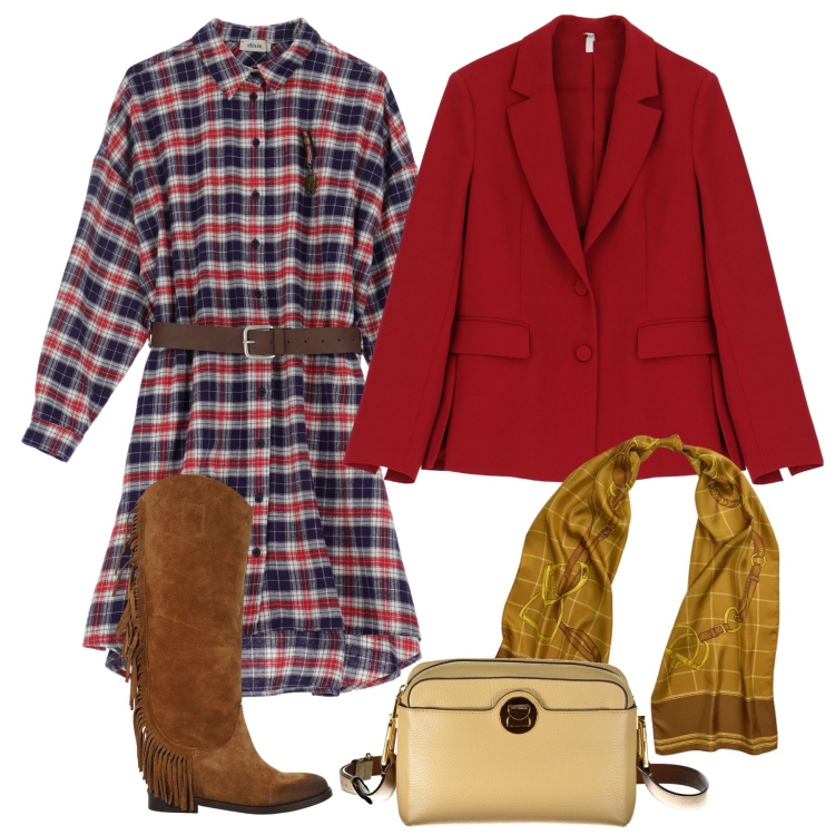 Outfit donna - Giacca rosso/bordeaux. Stile Preppy per Tutti i giorni. Abbinamento con blazer, sciarpe, vestiti, stivali, borse a tracolla.
