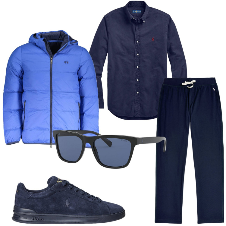 Outfit uomo - Eleganza in blu. Stile Trendy per Serata speciale. Abbinamento con sneakers, camicie, pantaloni, occhiali da sole, giacche.