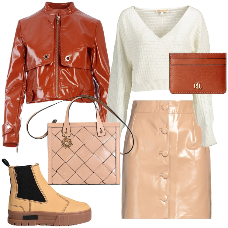Outfit donna - Total look #2004249. Stile Casual per Tutti i giorni. Abbinamento con minigonne, stivaletti chelsea, borse a mano, blazer, portafogli, maglieria.