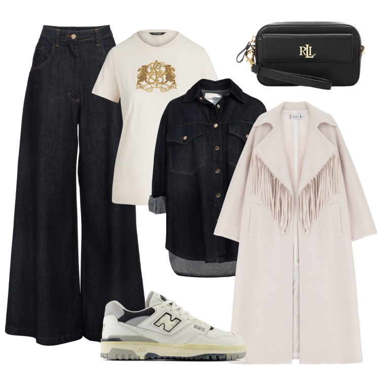 Outfit donna - Il cappotto con le frange sul denim. Stile Trendy per Tutti i giorni. Abbinamento con sneakers, jeans, blazer, cappotti, pochette, t-shirt.